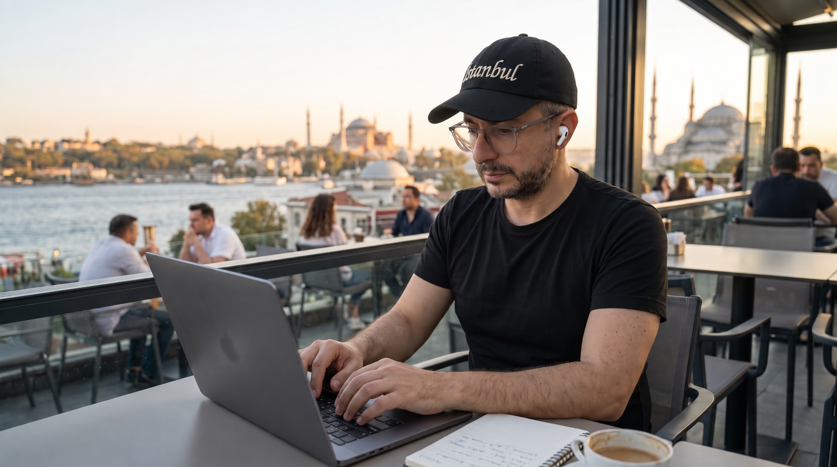 Bahadır Özgün İstanbul manzaralı bir kafede dizüstü bilgisayarıyla çalışıyor